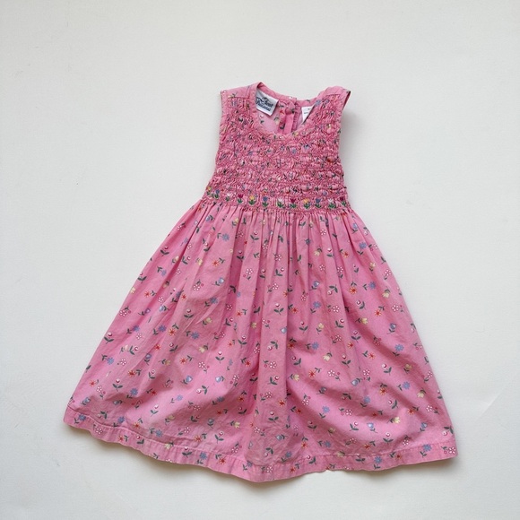 Vintage “Sweet Treasures” Smocked Dress- Pink Floral -Button &Bow Back -Size 24m - Picture 1 of 7